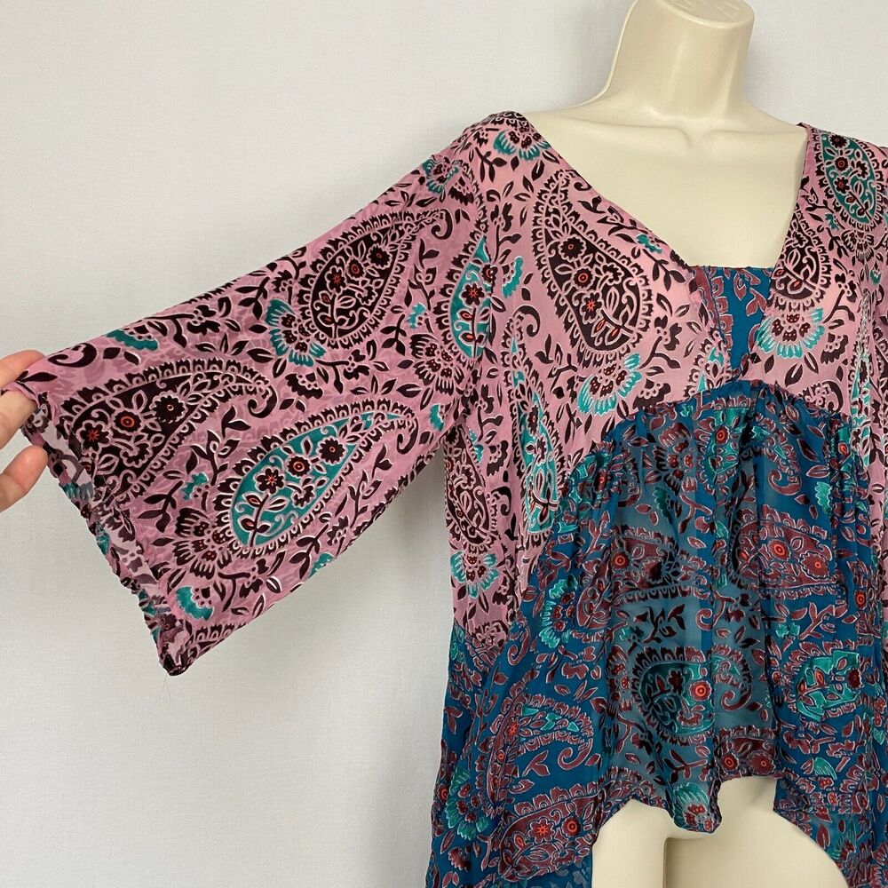 Floreat Anthropologie Top Small Valo Boho Paisley Burnout Bell Sleeve Silk Bld - Picture 3 of 13
